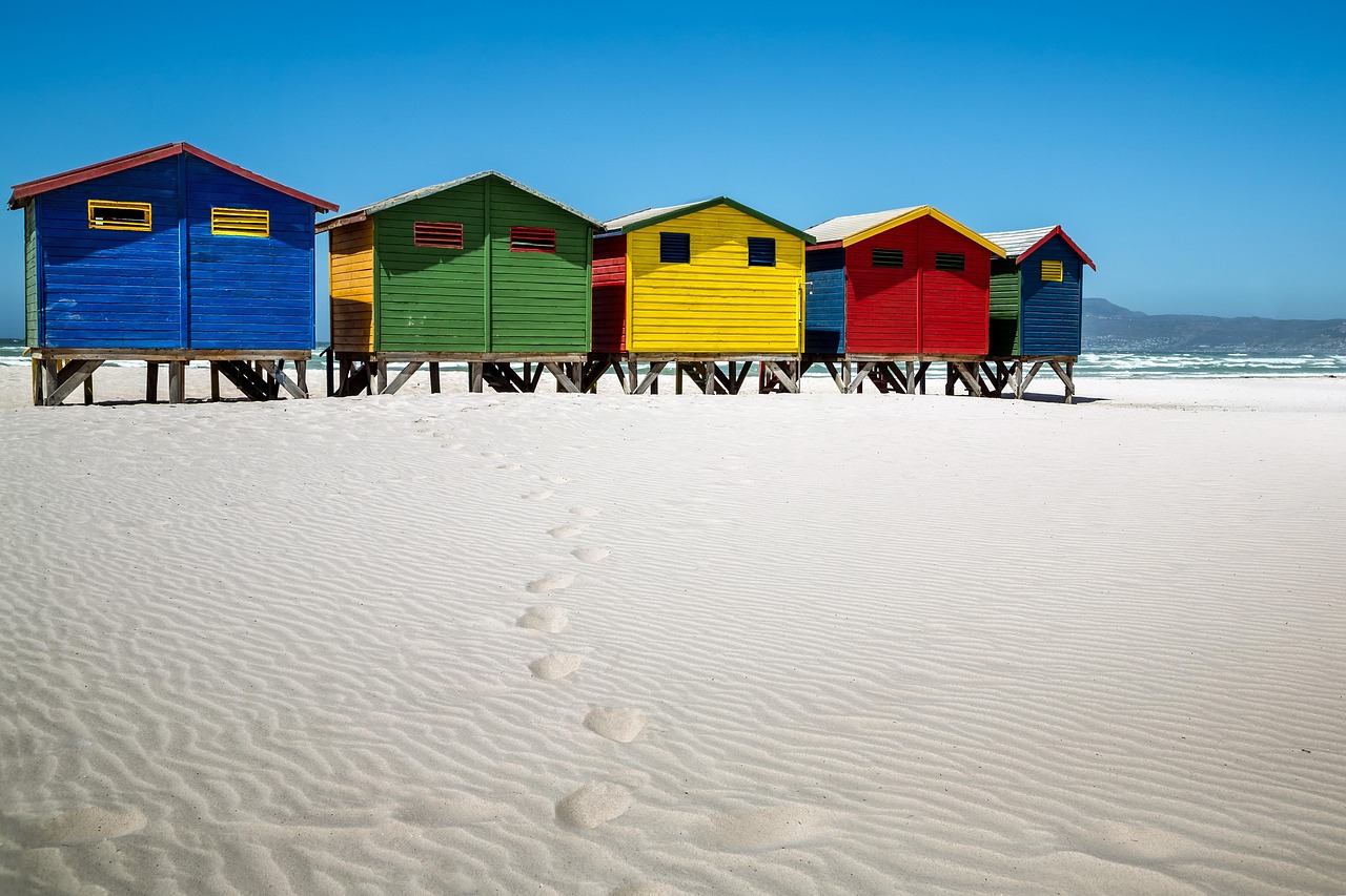muizenberg, beach house, changing rooms, sand, beach, africa, south africa, cape town, tourism, multicoloured, footprints, tracks in the sand, colourful houses, nature, vacations, summer