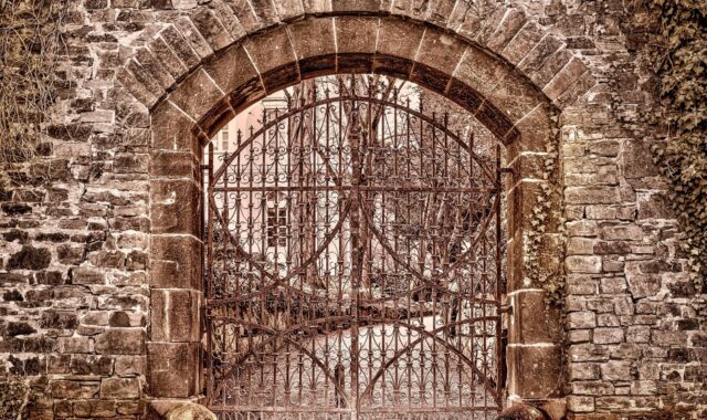 gate, architecture, metal, entrance, door, antique, old, closed, lock, portal, design, stone, rusty, decoration, wall, passage, entry, grid, to, locked, stones, path, ivy