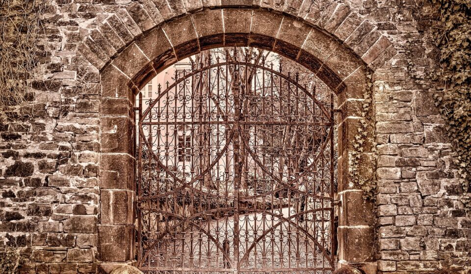 gate, architecture, metal, entrance, door, antique, old, closed, lock, portal, design, stone, rusty, decoration, wall, passage, entry, grid, to, locked, stones, path, ivy