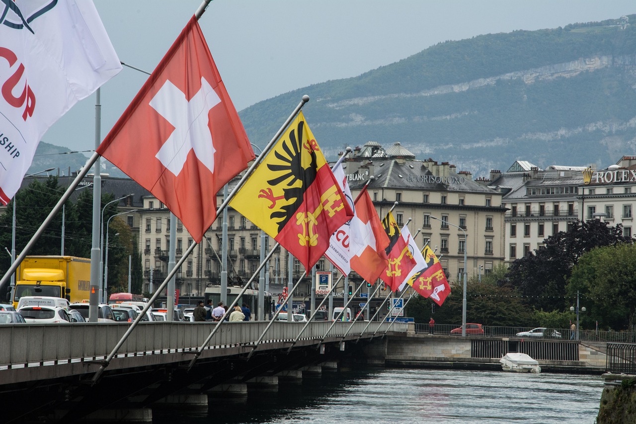 flags, switzerland, geneva, flag, nature, flutter, flagpoles, water