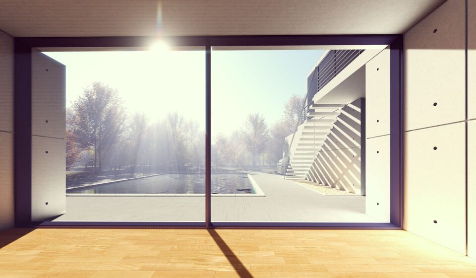 window, indoors, empty, architecture, fair weather, outdoors, office, door, house, modern, room, sky, swimming pool, 3d, apartment, design, large, apartment-interior, big-window, blue sky, blue-hall, light, building, nature, wall, floor, hall, 3d-illustration, luxury, sky-light, home, clear, perspective, blank, clean, interior, blue
