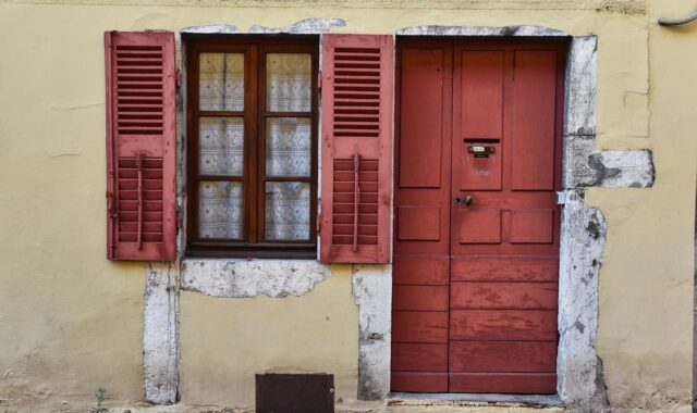 door, entry, window, shutters, stones, wall, facade
