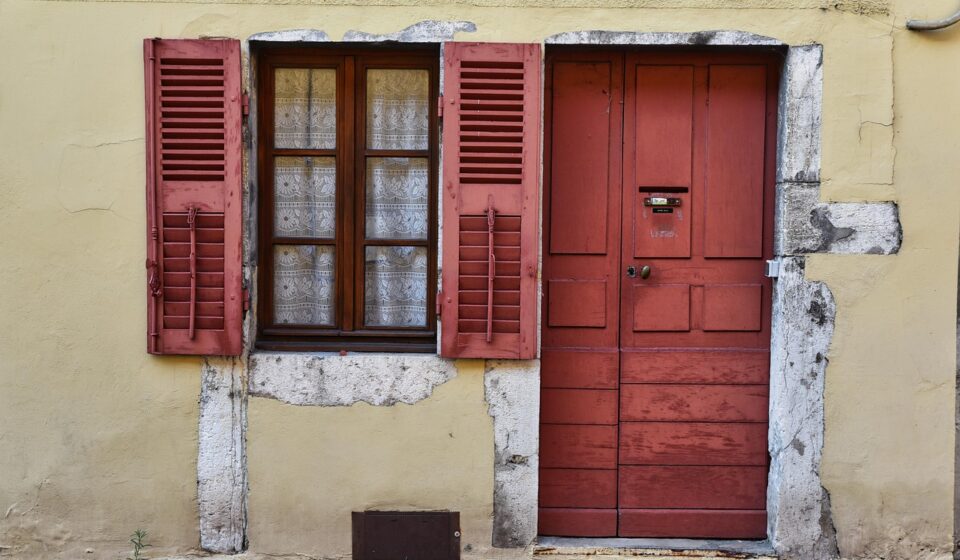 door, entry, window, shutters, stones, wall, facade